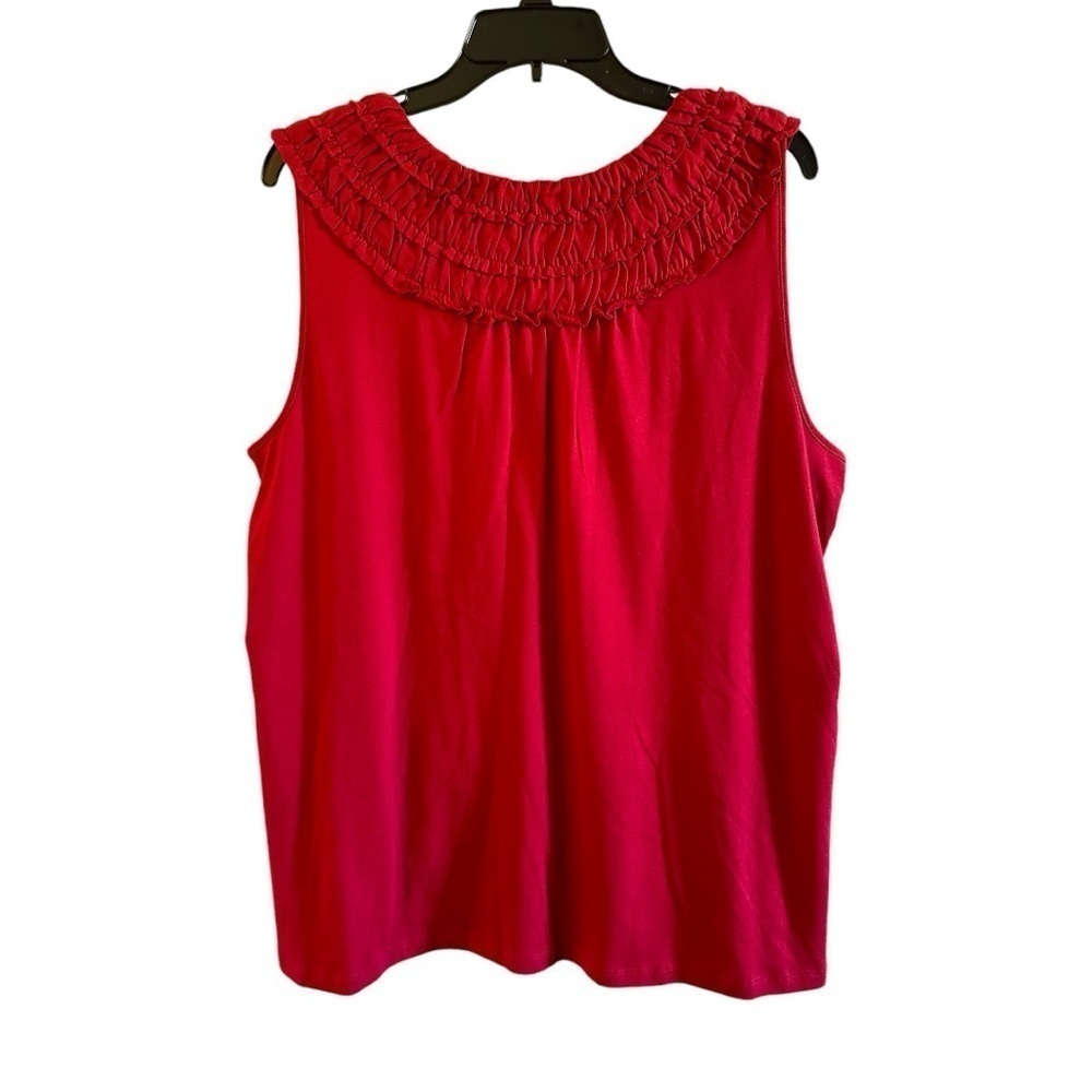 HANNAH,DEEP RED,SLEEVELESS TANK TOP. ROUND NECKLINE WITH LAYERED RUFFLES.SIZEXL - Picture 4 of 6